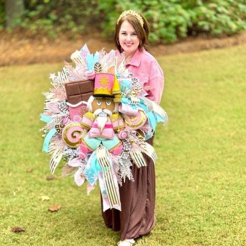 Handmade nutcracker candyland wreath with chocolate bar and candies