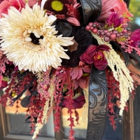 Close up of florals on Moody Bohemian Harlequin Pumpkin Wreath by Wisp and Wonder Designs.