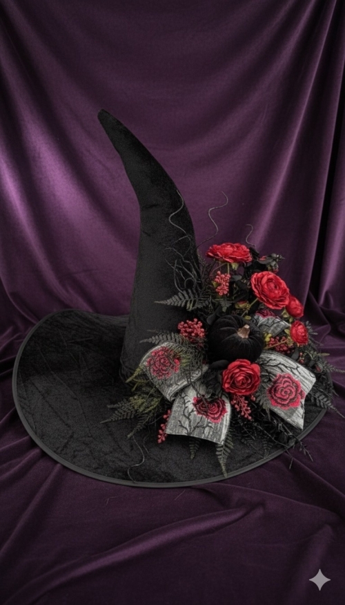 Black witch hat centerpiece with deep red roses, gothic florals, and pumpkin accent on a table with embroidered rose bow.
