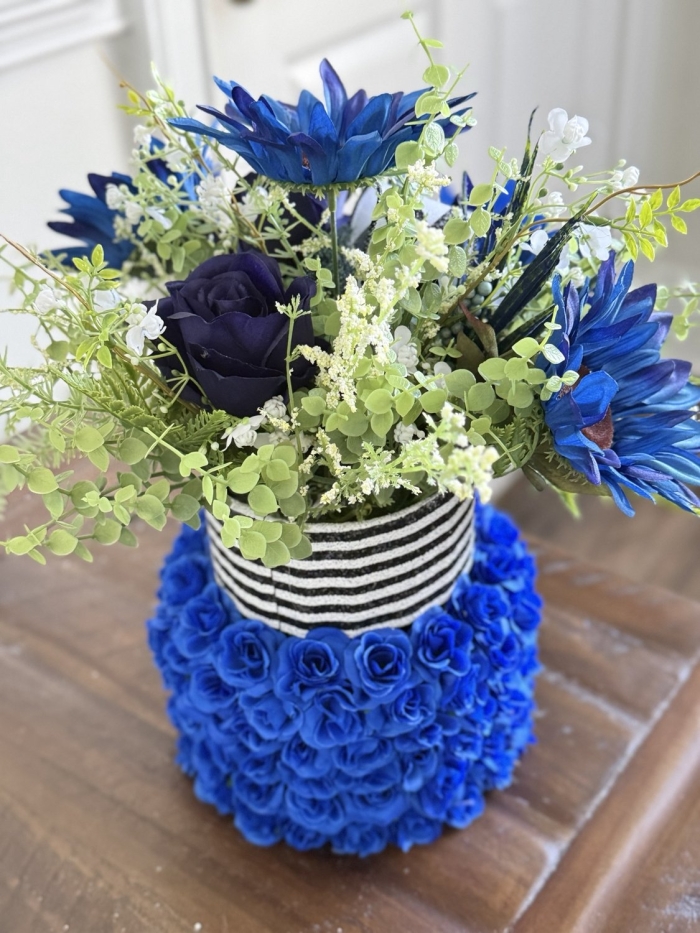 Back side of bold blue floral arrangement